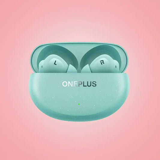 OnePlus wireless earbuds in mint green charging case on pink background
