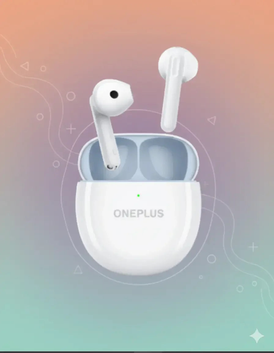 OnePlus wireless earbuds in white charging case on a pastel gradient background