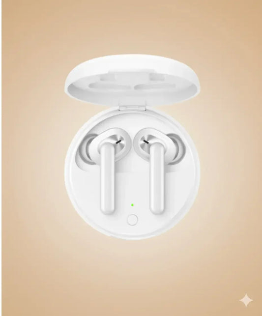 Wireless white earbuds in open charging case on a beige background