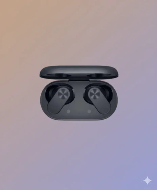 Black wireless earbuds with charging case on a gradient pastel background