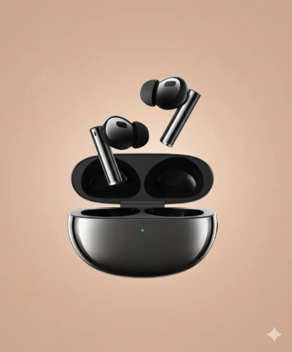 Black wireless earbuds with charging case on beige background
