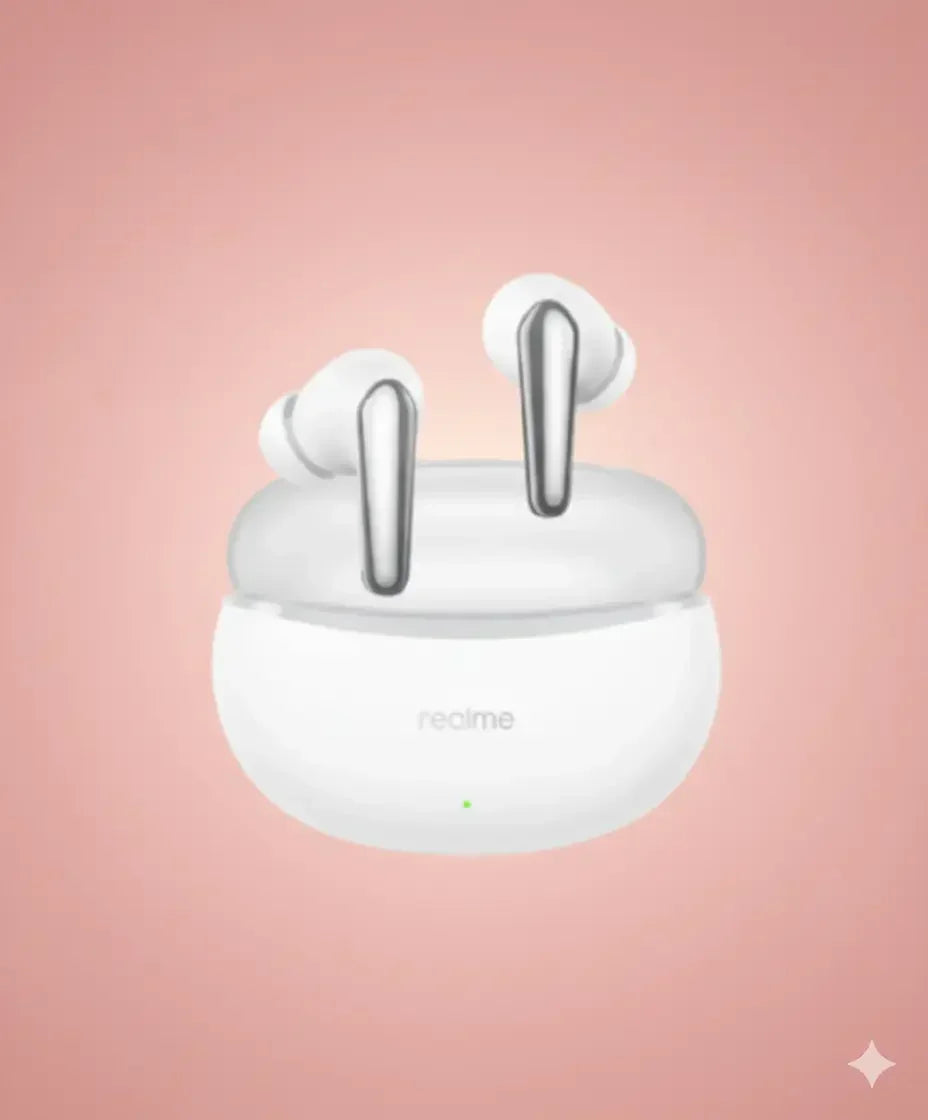 White Realme wireless earbuds with charging case on pink gradient background