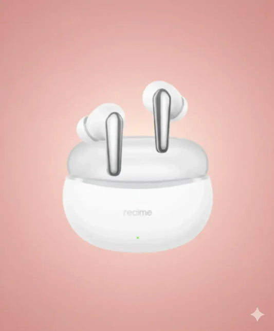 White Realme wireless earbuds with charging case on pink gradient background