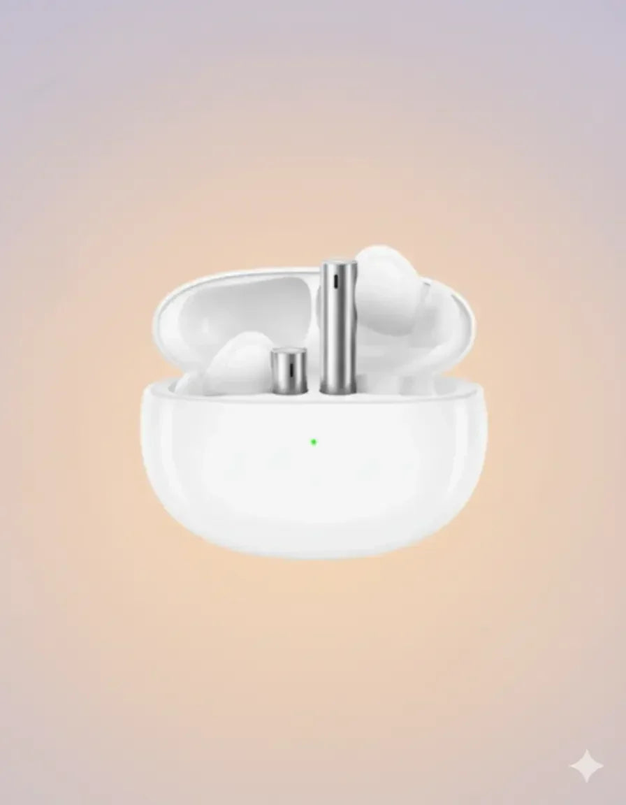 White wireless earbuds with charging case on a gradient pastel background