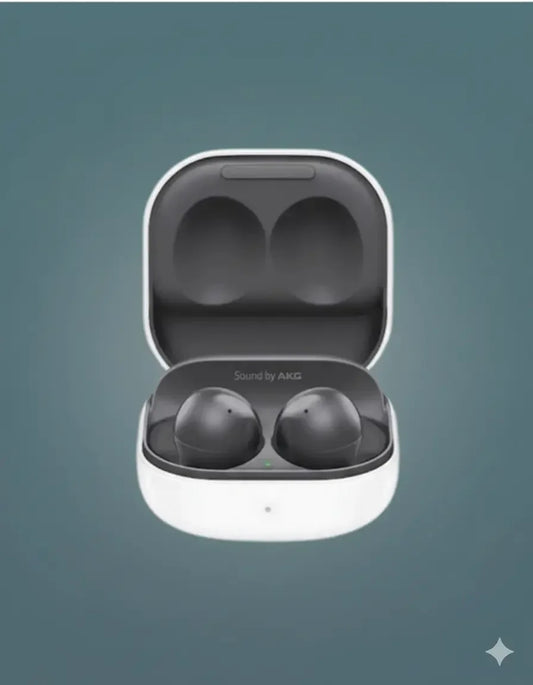 Black wireless earbuds in white charging case on blue background, Sound by AKG
