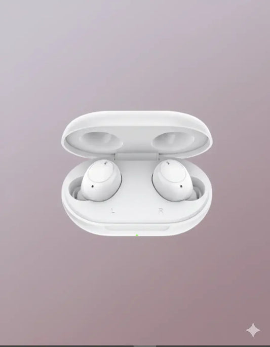 White wireless earbuds in charging case on a light purple background