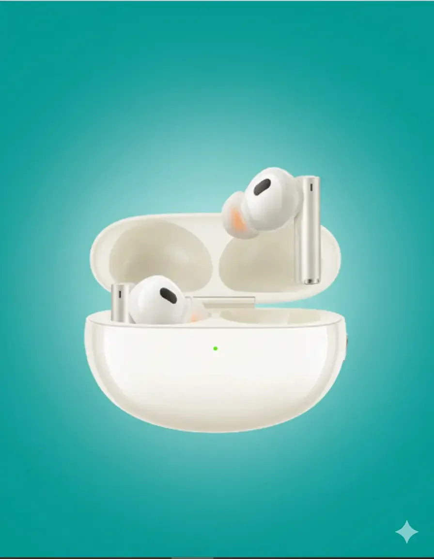 White wireless earbuds in a charging case on a teal gradient background