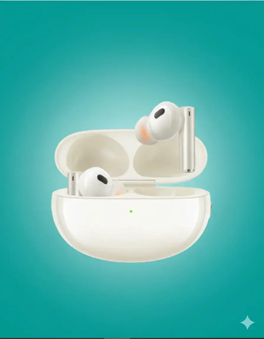 White wireless earbuds in a charging case on a teal gradient background