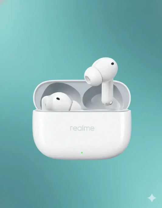 White Realme wireless earbuds in charging case on blue gradient background