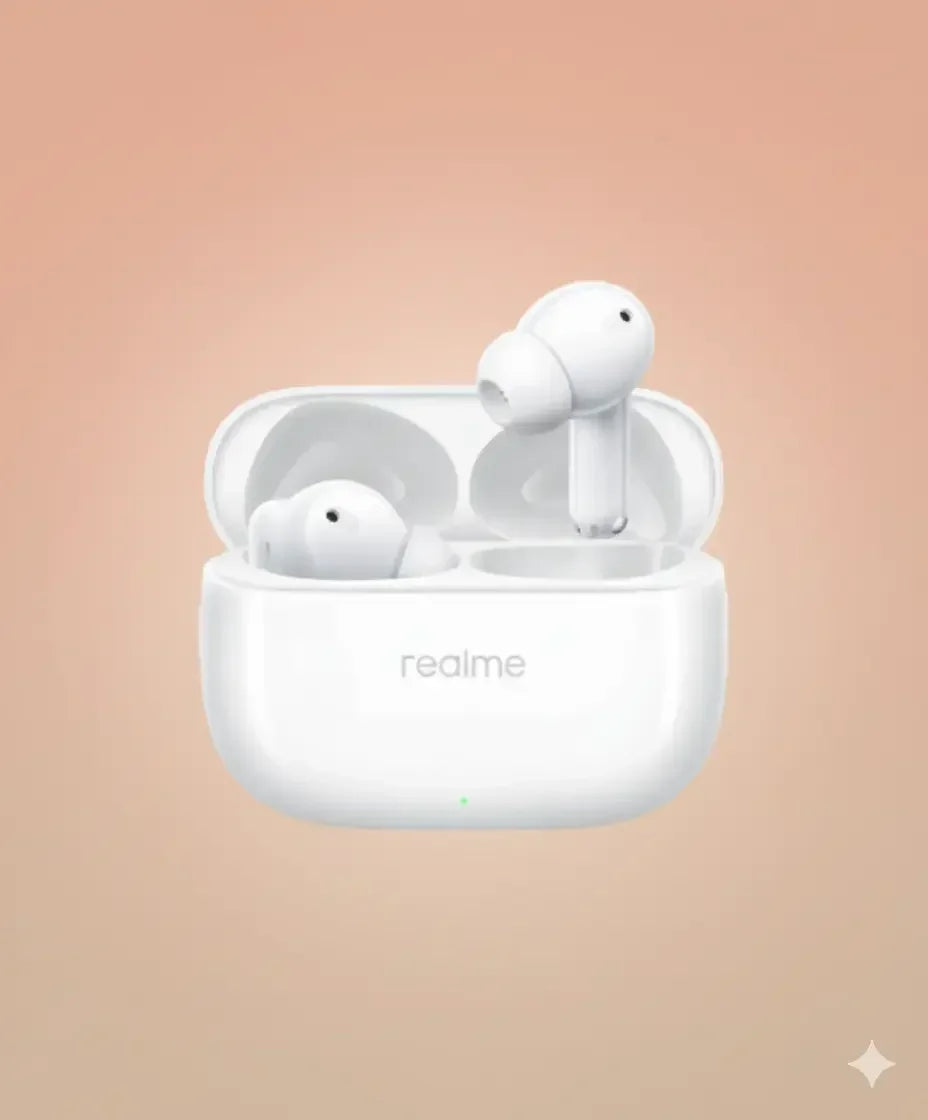 White Realme wireless earbuds in open charging case on a gradient peach background