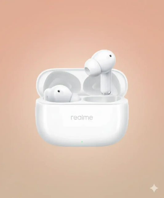 White Realme wireless earbuds in open charging case on a gradient peach background