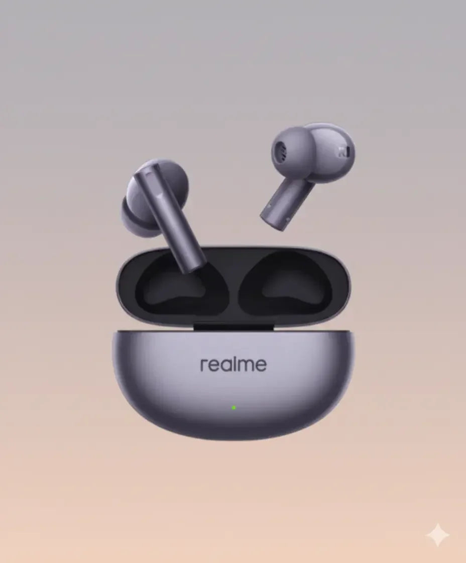 Realme wireless earbuds with charging case on a gradient background