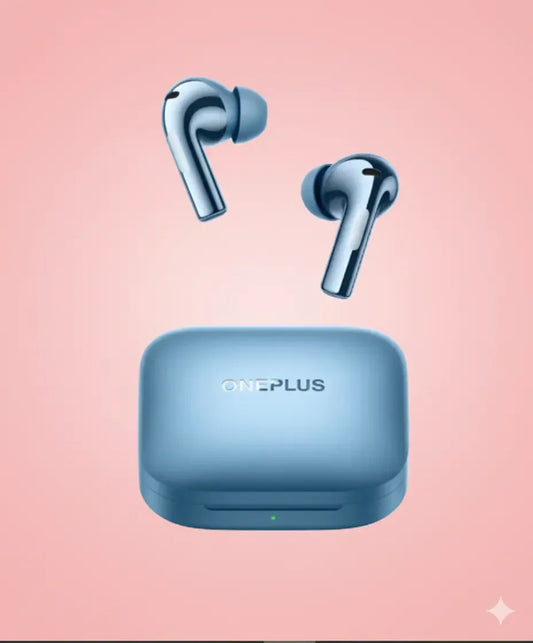OnePlus blue wireless earbuds with charging case on a pink background