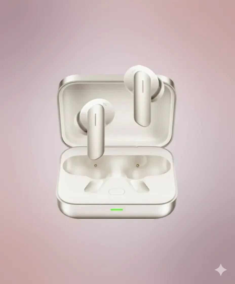 Wireless earbuds in a charging case on a pink gradient background