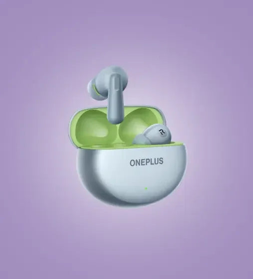 OnePlus wireless earbuds in open green charging case on purple background