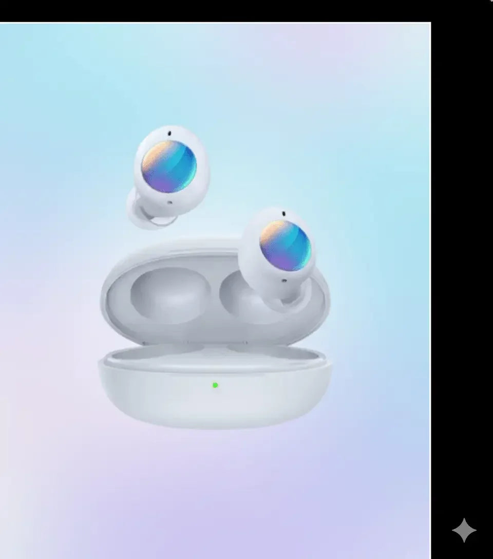 realme Buds Q2s true wireless earbuds with open charging case on pastel background