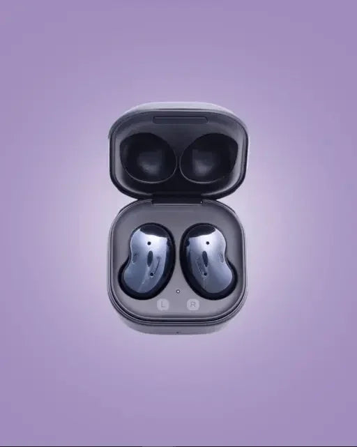 Samsung Galaxy Buds Live wireless earbuds in charging case on purple background