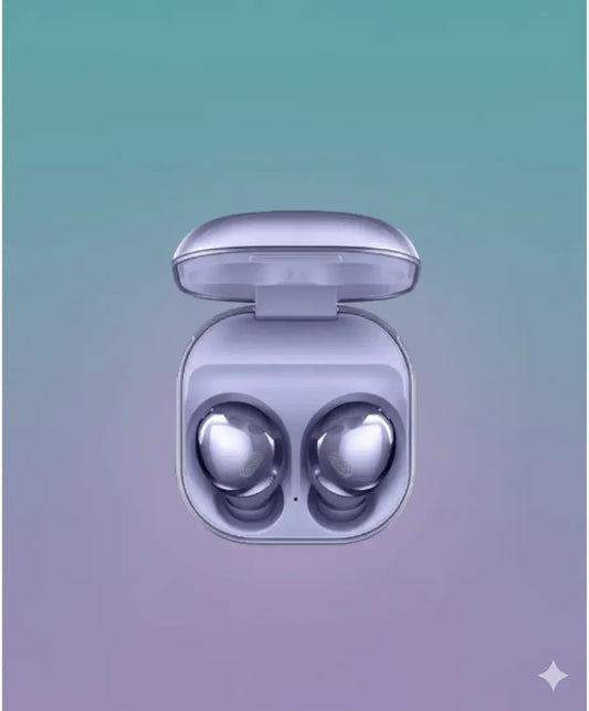 Samsung Galaxy Buds Pro in lavender charging case on gradient background