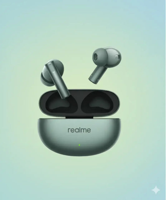 realme wireless earbuds with open charging case on gradient blue background