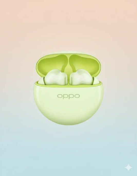 Green Oppo wireless earbuds in open charging case with gradient background