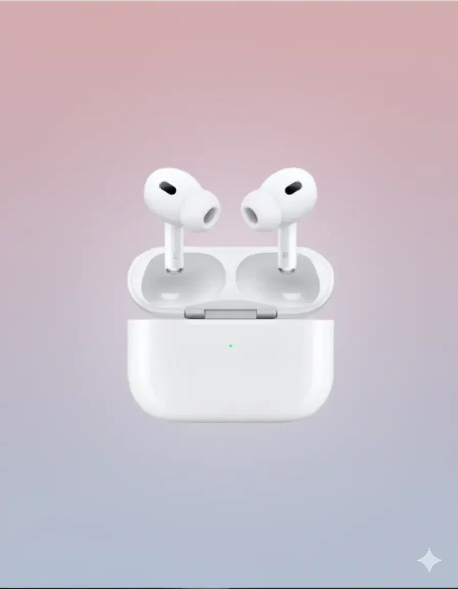 White wireless earbuds in a charging case on a gradient background