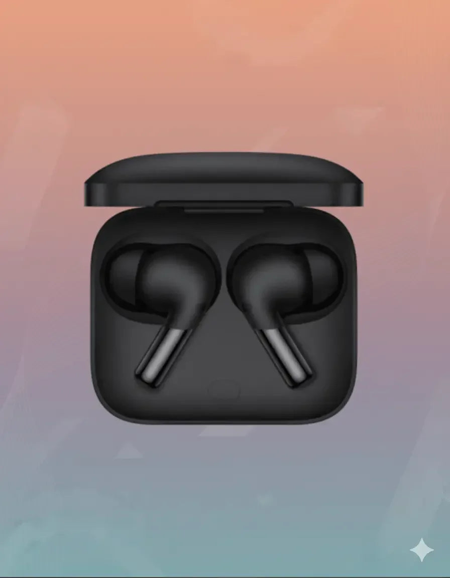 OnePlus Buds Pro 2 black wireless earbuds in open charging case on gradient background
