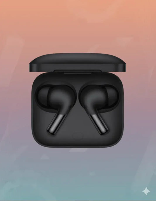 OnePlus Buds Pro 2 black wireless earbuds in open charging case on gradient background
