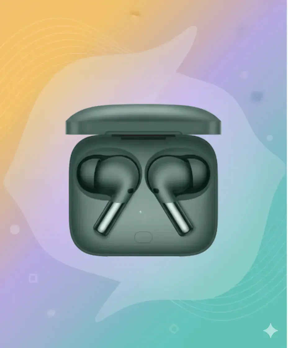 OnePlus Buds Pro 2 wireless earbuds in open charging case on colorful gradient background