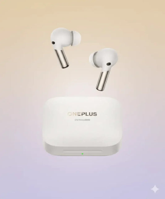 OnePlus Buds Pro 2R white wireless earbuds with charging case on gradient background
