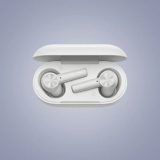 White OnePlus Buds Z wireless earbuds in open charging case on light gradient background