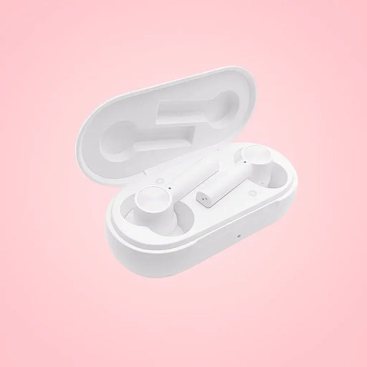 White OnePlus Buds Z wireless earbuds in charging case on a pink background