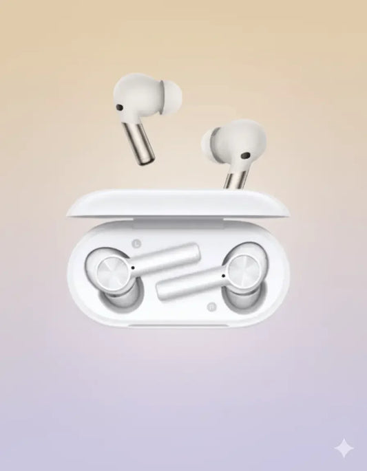 OnePlus Buds Z2 white wireless earbuds and charging case on gradient background