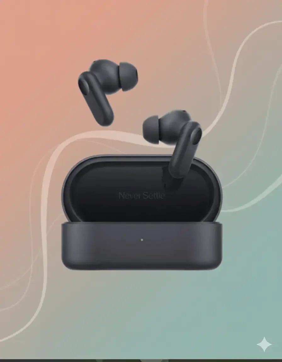 OnePlus Nord Buds 2r black wireless earbuds with charging case on pastel gradient background