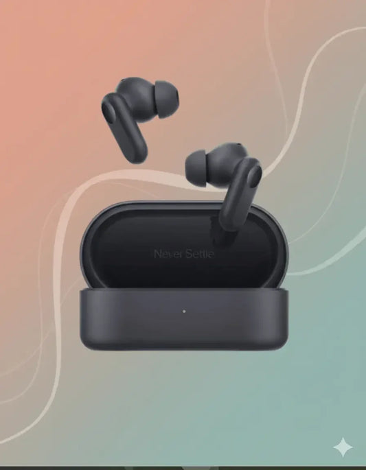 OnePlus Nord Buds 2r black wireless earbuds with charging case on pastel gradient background