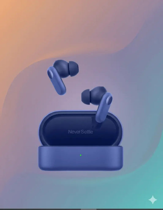 OnePlus Nord Buds 2R blue wireless earbuds with charging case on gradient background