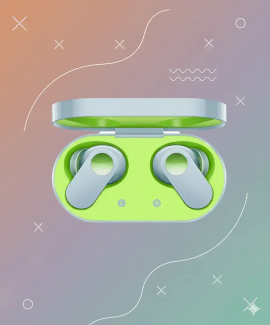 OnePlus Nord Buds in green open charging case on pastel gradient background