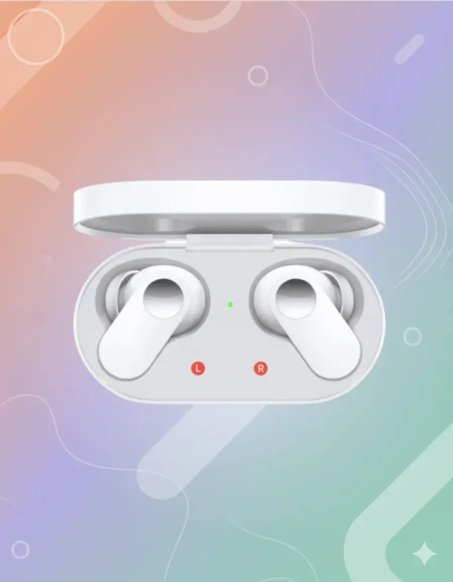 White OnePlus Nord Buds in charging case on colorful gradient background
