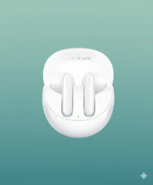 OPPO Enco Air 3 white wireless earbuds in charging case on teal gradient background