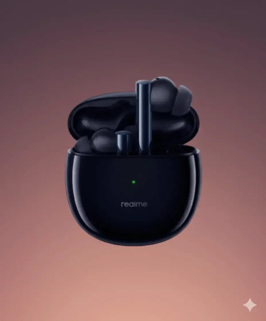 realme Buds Air 2 black wireless earbuds in charging case, gradient background