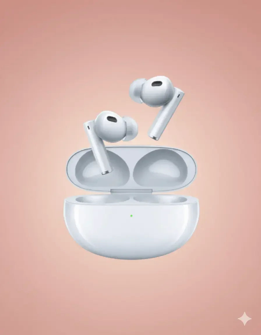 Realme Buds Air 6 Pro wireless earbuds with charging case on pink gradient background