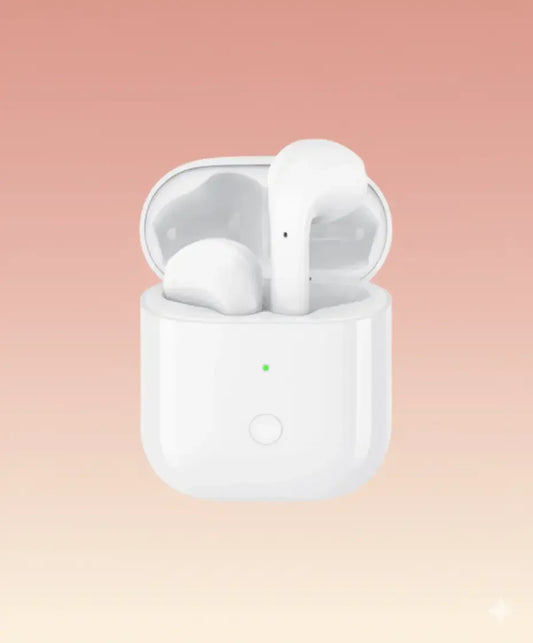 White Realme Buds Air wireless earbuds and charging case on a gradient pink background