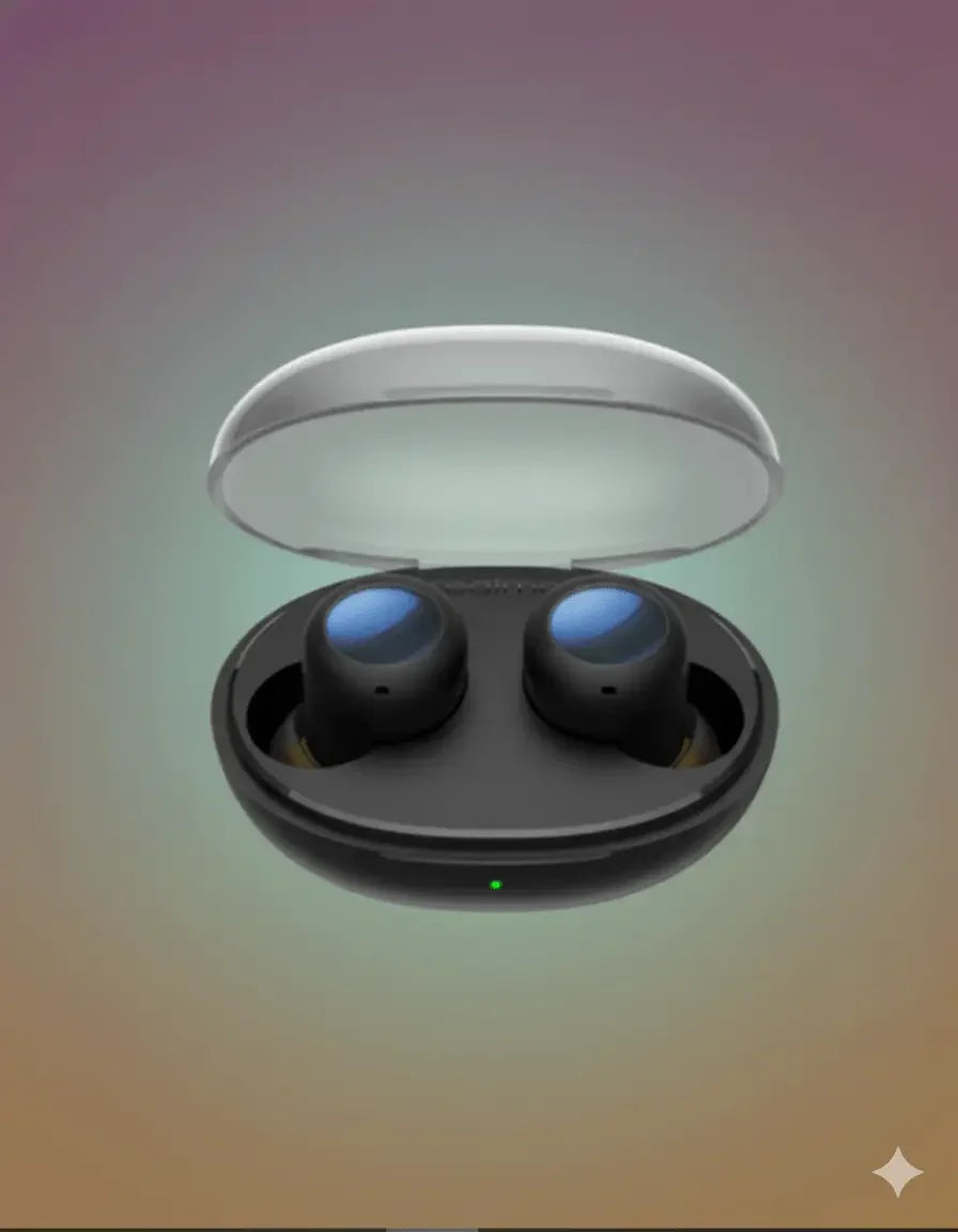 Realme Buds Q2s black wireless earbuds in open charging case on gradient background