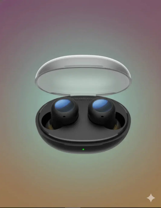 Realme Buds Q2s black wireless earbuds in open charging case on gradient background