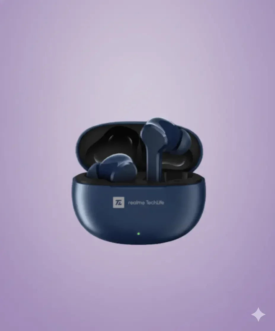 realme TechLife Buds T110 wireless earbuds in navy blue charging case on purple background