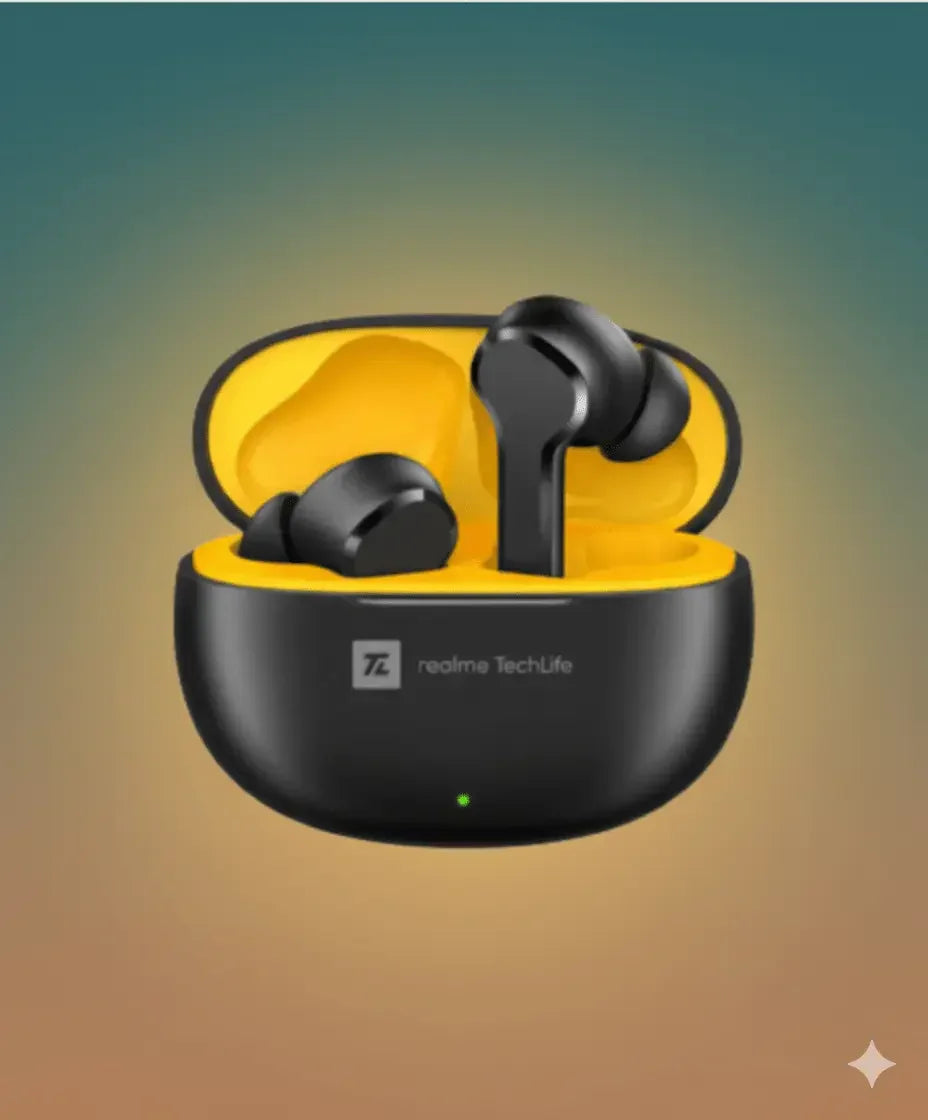 realme TechLife Buds T110 black wireless earbuds in yellow charging case