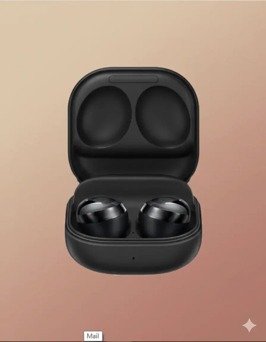Black Samsung Galaxy Buds 2 Pro wireless earbuds in open charging case on beige background