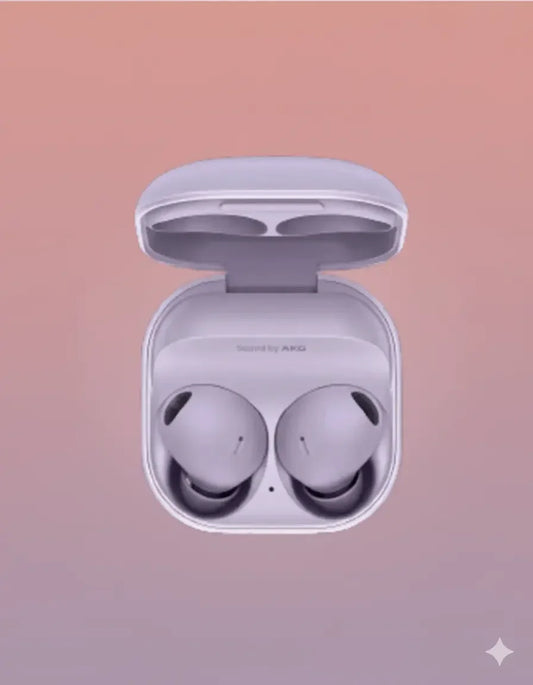Samsung Galaxy Buds 2 Pro wireless earbuds in open charging case on pink gradient background