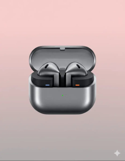 Samsung Galaxy Buds 3 wireless earbuds in open charging case, silver color, on pink background