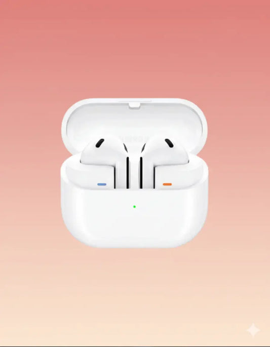 Samsung Galaxy Buds 3 white wireless earbuds in open charging case on pink gradient background