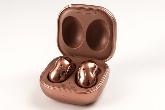 Samsung Galaxy Buds Live bronze wireless earbuds in open charging case